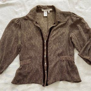 Studio M silk peplum blouse. Petite large. Brown and white.